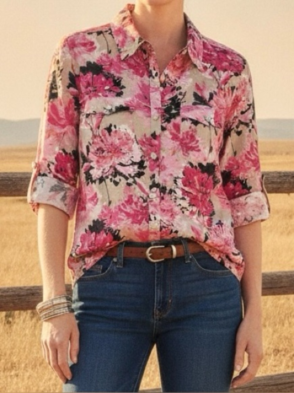 Kim Rogers 100% Linen Pink Floral Button-Up Blouse Petite Medium